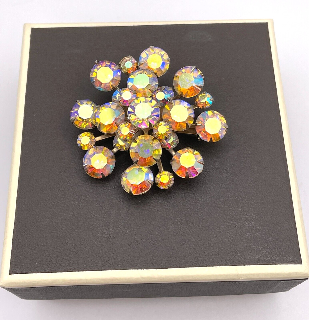 MCM Faceted AB Crystal Sunburst Flower Brooch Prong Set Pin Layered VTG Jewelry